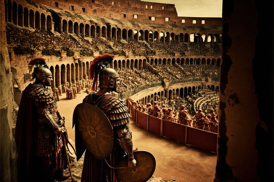 A nostalgic image of a day in the Roman Empire, gladiators in the colosseum, AI Generative