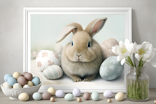 The Easter bunny in picture frame in pastel colors sits with eggs