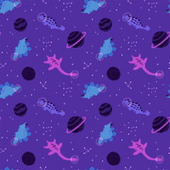 Dino in space seamless pattern. Cute dragon characters, dinosaur traveling galaxy with stars, planets. Kids cartoon vector background. Illustration of astronaut dragon, kids wrapping with cosmic dino