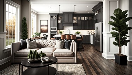 Beautiful living room interior with hardwood floors and and view of kitchen in new luxury home. generative ai