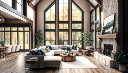 Fototapeta na wymiar Beautiful living room interior with tall vaulted ceiling, loft area, hardwood floors and fireplace in new luxury home. Has large bank of windows. generative ai