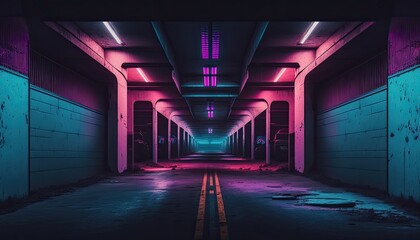 Cyber Neon Purple Blue Red Sci Fi Futuristic Grunge Hangar Retro Warehouse Underground Parking Steel Concrete Cement Tunnel Corridor Industrial Background generative ai