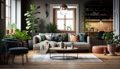 Fototapeta na wymiar Home nordic living room with design sofa, family table, plants, bookstands with elegant accessories. Brown wooden parquet. generative ai