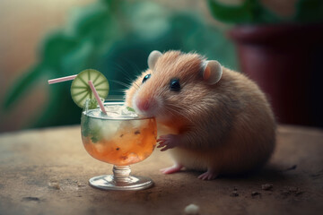 cute hamster drinking a lime cocktail close up , ai generated