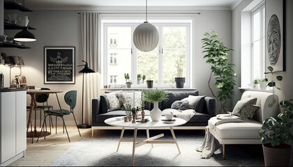 Interior design of modern Scandinavian apartment, living room generative ai