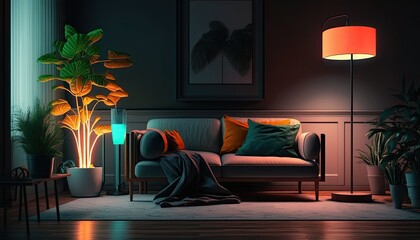 Living Room Interior At Night With Sofa, Floor Lamp, Potted Plants And Neon Lighting generative ai