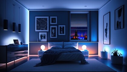 Modern bedroom interior. Night. Evening blue lighting.Wall frame poster.s next to a window. lamp.  Generative AI