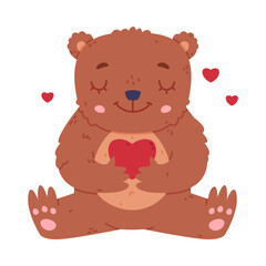 Cute baby bear sitting and holding red heart. Funny wild forest brown animal character cartoon vector illustration