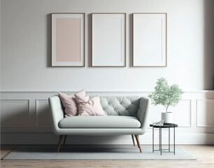 Three frame blank mock up in modern living room interior, light colors and minimalist style. Illustration. Generative AI