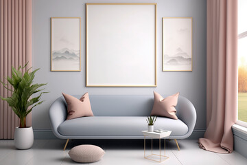 One frame blank mock up in modern living room interior, light colors and minimalist style. Illustration. Generative AI