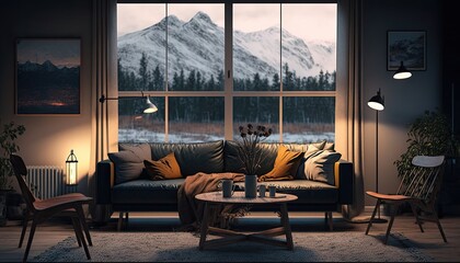 Scandinavian style and minimalist designed living room interior scene in the evening. generative ai
