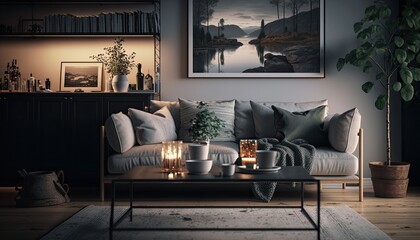 Scandinavian style and minimalist designed living room interior scene in the evening. generative ai
