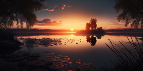 Fototapeta na wymiar Majestic Sunset over Calm Lake, generative ai