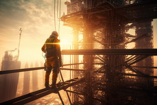 construction engineer worker at heights,architecture sci-fi construction working platform on top of building, suspended cables, fall protection and scaffolding installation,generative ai.