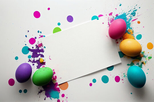 Easter eggs with colorful paint splatter on white background with copy space. Illustration AI