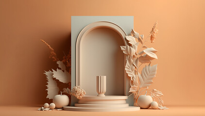 Realistic 3d podium in arch window. Beige podium mockup. 3d display product beige minimal scene with podium platform.  Stand for cosmetic products. Advertisement.  Generative ai.