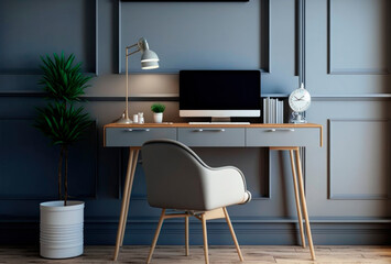 comfortable home office workplace in modern style, in clear space, computer screen, decoration and space without people-Illustration. Generative AI