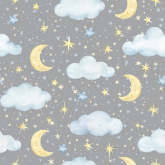 Cute seamless pattern with night sky,clouds,moon,stars.
