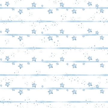 Geometric seamless pattern with watercolor stripes and stars