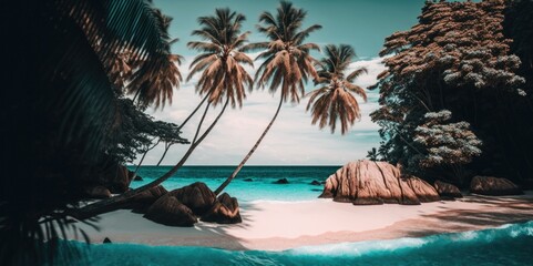 Fototapeta na wymiar Serene Beach with Palm Trees, generative ai