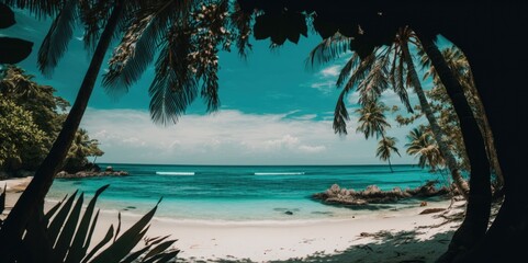 Fototapeta na wymiar Tropical Beach with Palm Trees and Clear Water, generative ai