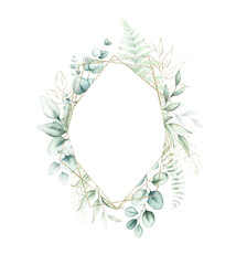 Watercolor greenery frame with eucalyptus and fern leaves.