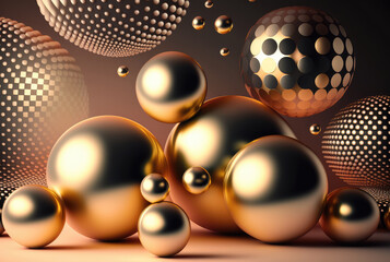 Golden glossy 3d spheres abstract background. Generative AI