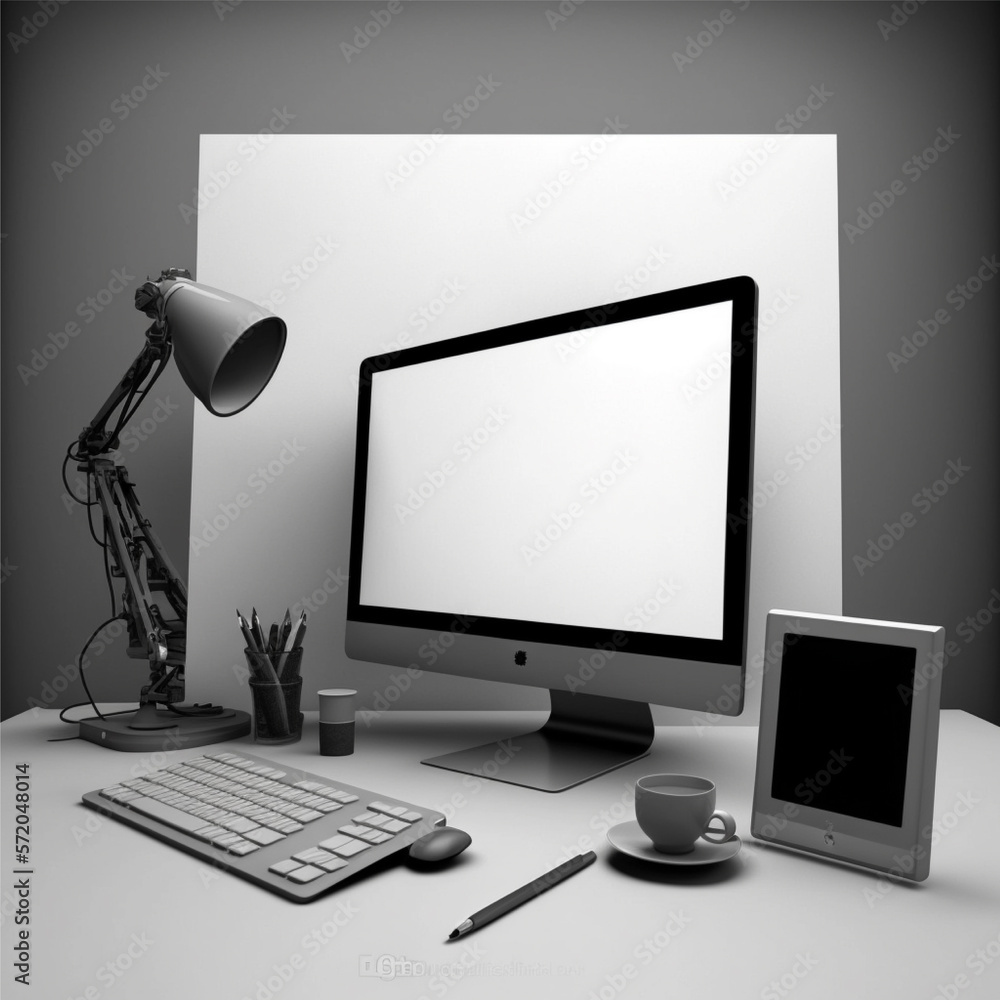 Poster conceptual workspace, laptop computer with blank white screen on table, blurred background created w