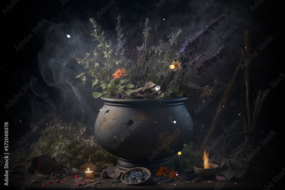 Wall mural green witch floral cauldron, witchcraft magic wallpaper ai generated