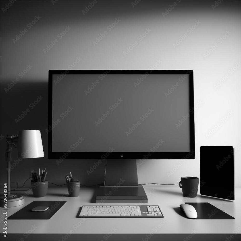 Poster conceptual workspace, laptop computer with blank white screen on table, blurred background created w