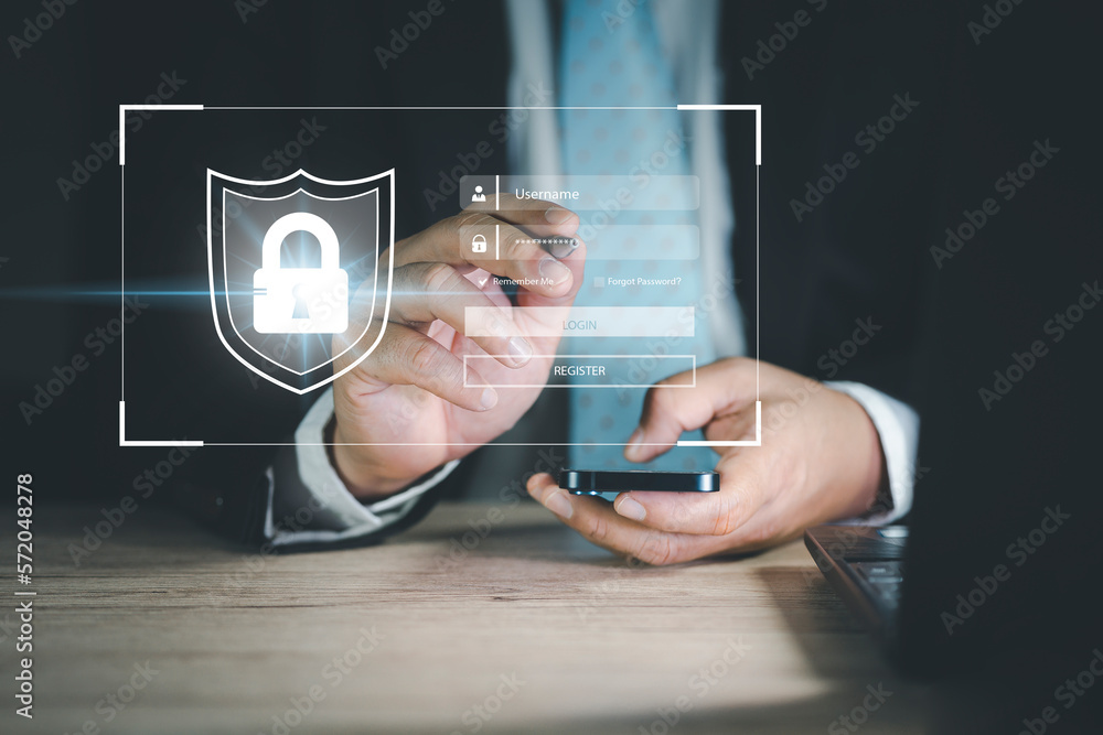 Poster cyber protection data security. user typing login and password, cyber security concept, data protect