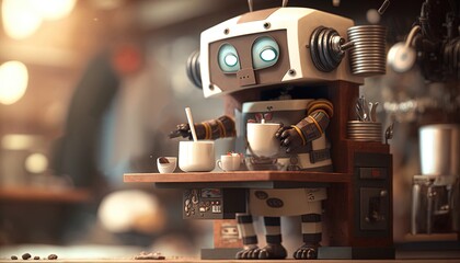 futuristic robot work career, a cute robot take job as barista at coffee shop, Generative Ai
