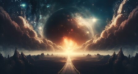 way path to heaven kingdom, holy sacred road to heaven, or sci-fi high technology place,  concept of adventure to unknown place, Generative Ai
