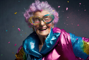 portrait of grandma celebrating Carnival festival  with splash glittering rainbow papers background.generative ai. - obrazy, fototapety, plakaty