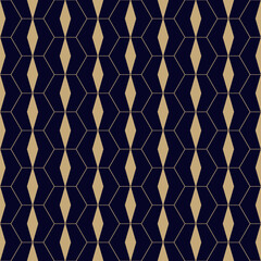 Abstract geometric hexagon seamless pattern. Golden vector background with linear grid, lattice, hexagons, diamonds. Simple minimal gold and black ornament texture. Modern luxury repeat geo design