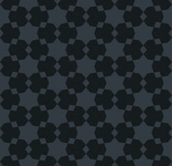 Abstract vector geometric seamless pattern. Traditional oriental ornament with small stars, hexagonal lattice, grid, floral shapes. Subtle vintage style background texture in dark gray and black color