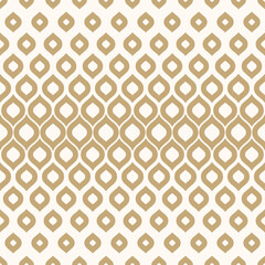 Golden vector geometric seamless pattern with halftone effect, leaves, drops. Abstract gold and white background with gradient transition. Trendy luxury retro style repeat graphic design for decor