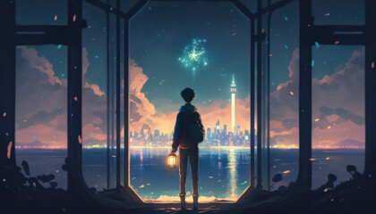 boy holding a lantern, glowing ocean water, a huge glowing city in distance, anime art style, digital art, generative ai