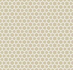 Abstract golden vector geometric seamless pattern. Traditional oriental ornament with outline stars, mesh, grid, flower silhouettes. Simple luxury gold background. Elegant ornamental repeat design