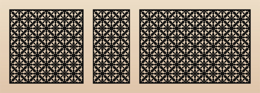 Laser cut panel. Vector template, abstract geometric patterns in Oriental style. Elegant grid, lattice, mesh ornament. Decorative stencil for laser cutting of wood, metal. Aspect ratio 1:1, 1:2, 3:2
