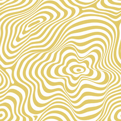 Abstract vector seamless pattern. Trendy abstract golden background with curved lines, stripes, organic shapes, trippy distorted surface. Retro vintage style texture in gold color. Repeat geo design