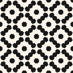 Abstract vector geometric seamless pattern. Simple ornament texture with flower silhouettes, grid, repeat tiles. Black and white ornamental background. Elegant repetitive design for print, embossing