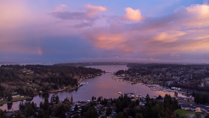 Colorful Sunset with Rainbow over Gig Harbor, WA