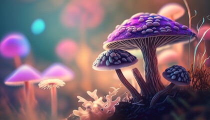 close up purple mushroom on forest ground, Generative Ai