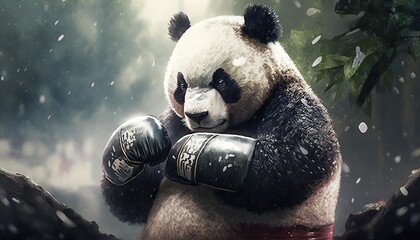 panda wearing boxing glove with nature background, Generative Ai