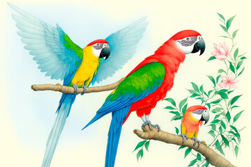 Colorful parrot and exotic tropical leaves - Art drawing. Generative AI