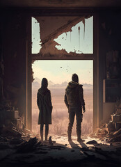 Fototapeta premium couple of people that are standing in a room, fantastic, dystopian art, apocalypse art, dark fantasy, art illustration 