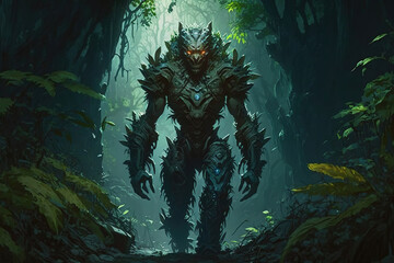 Fototapeta na wymiar creature in the middle of the jungle, concept art, fantasy art, game art, forest keeper, nature warrior, illustration 