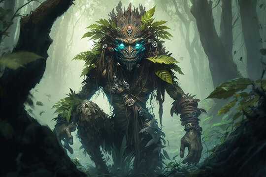 creature in the middle of the jungle, concept art, fantasy art, game art, forest keeper, nature warrior, illustration 