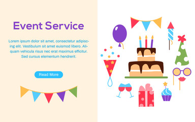 Event service web page with text space button. Birthday party carnival festival celebration banner or background with fun colorful flat elements cake present balloons cupcake candy vector illustration